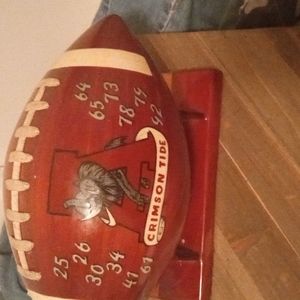 Hand crafted wooden Alabama champion football and stand